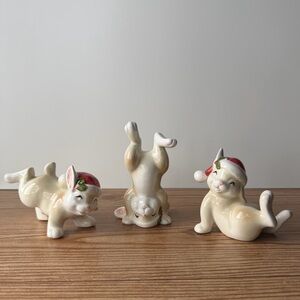 Vintage 3 Fitz and Floyd Tumbling Christmas Bunny Rabbits In Santa Hat Figurines